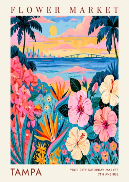 Flower market poster featuring vibrant flowers and Tampa skyline at sunset
