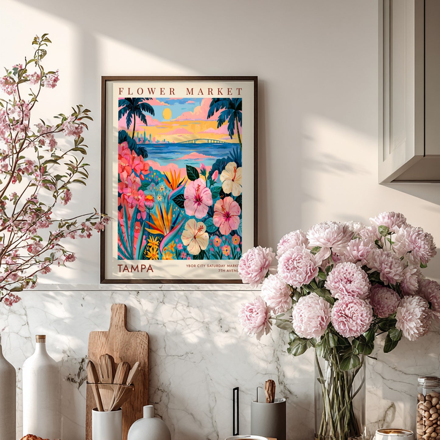 Flower market poster featuring vibrant flowers and Tampa skyline at sunset