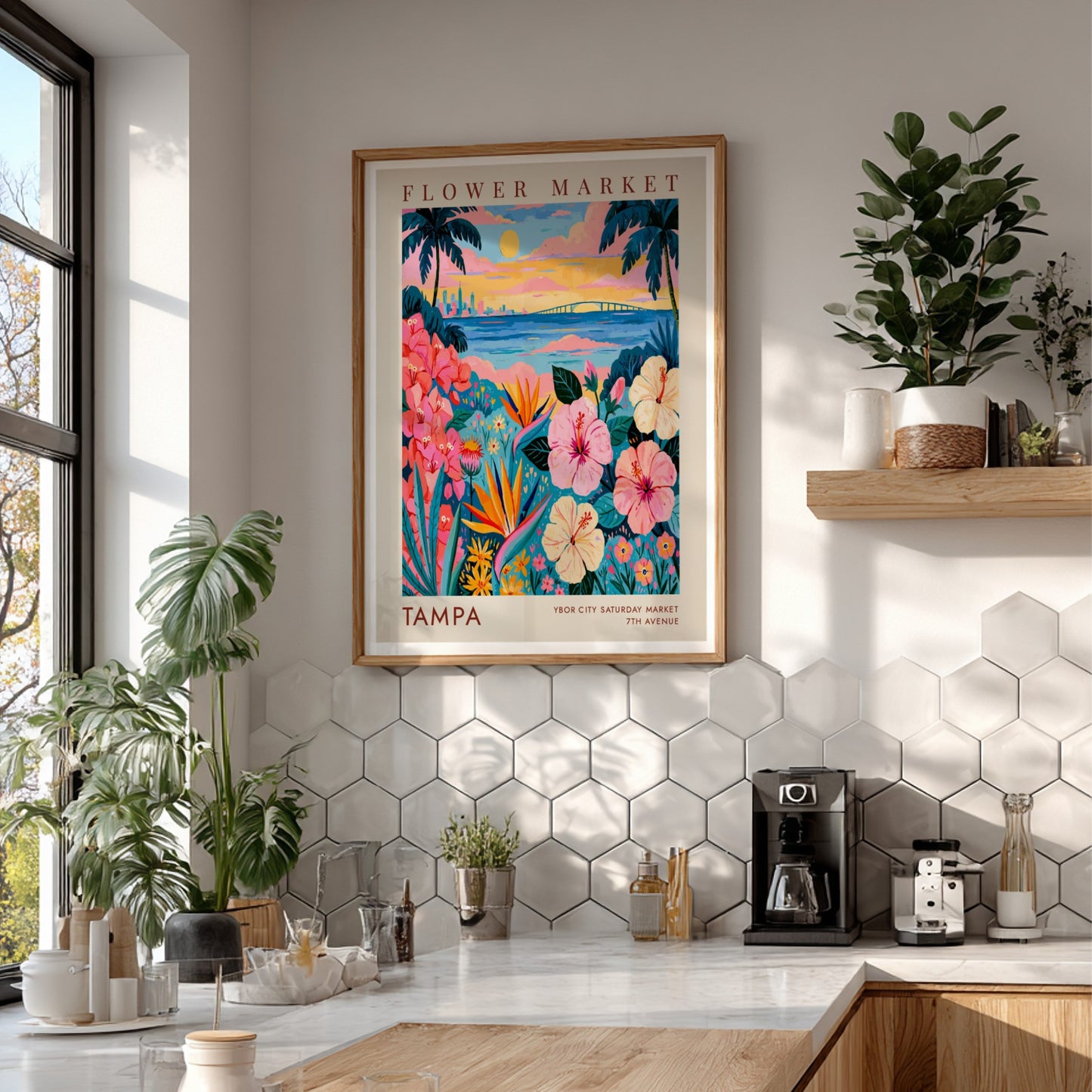 Flower market poster featuring vibrant flowers and Tampa skyline at sunset