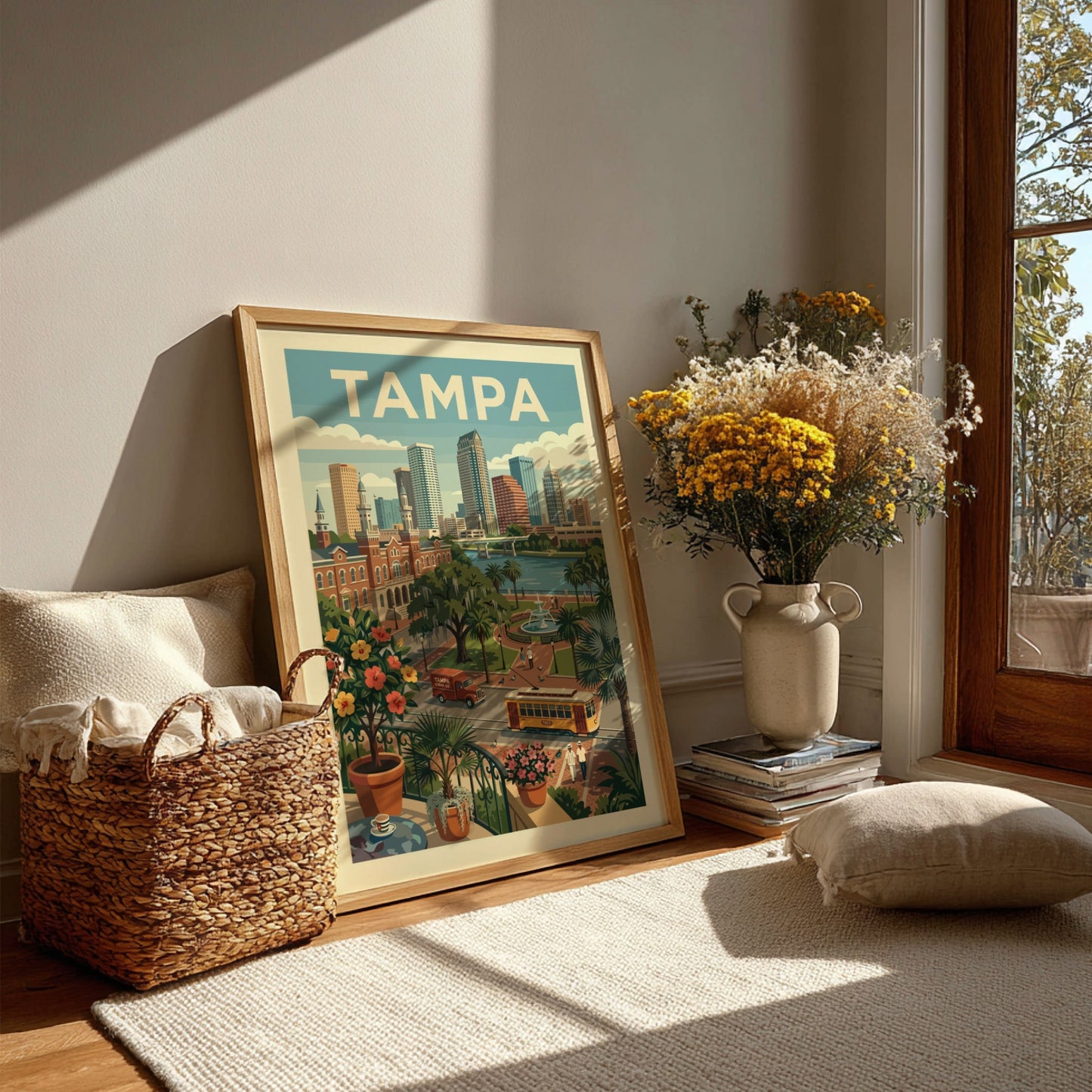Vintage Tampa cityscape poster with skyline, streetcar, and tropical plants in a retro illustration style.