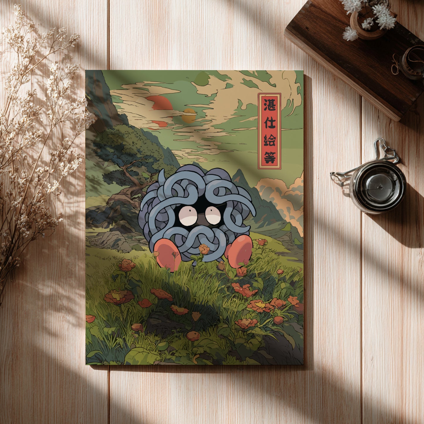 Decorative item with a stylized design of vTangela Pokemon on a wooden surface