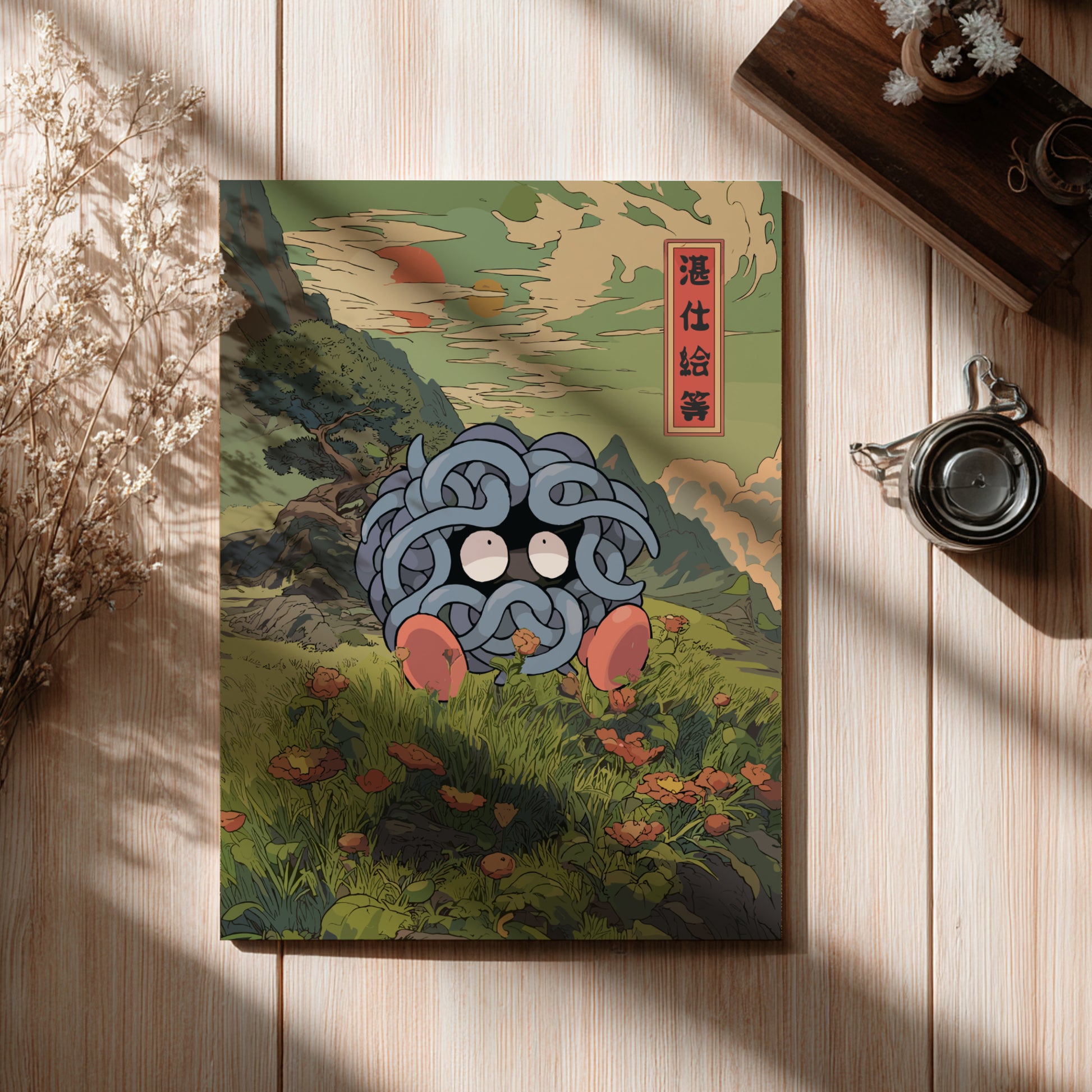 Decorative item with a stylized design of vTangela Pokemon on a wooden surface