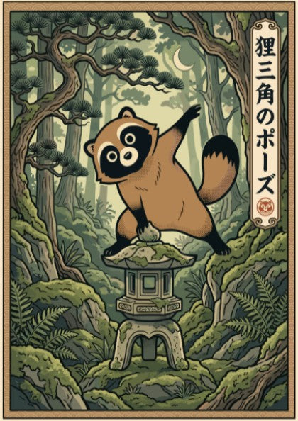 Poster of a tanuki in a yoga pose atop a stone lantern, forest background.