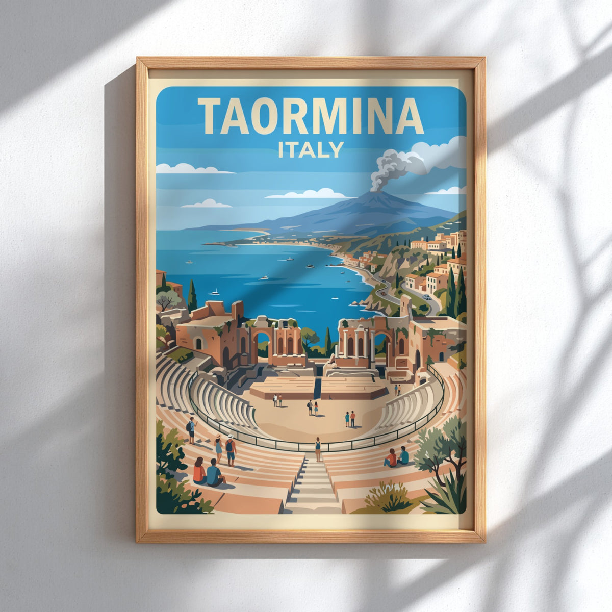 Poster of Taormina Italy showing an ancient theatre overlooking the sea and volcano.