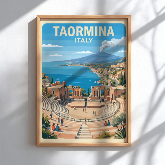 Poster of Taormina Italy showing an ancient theatre overlooking the sea and volcano.