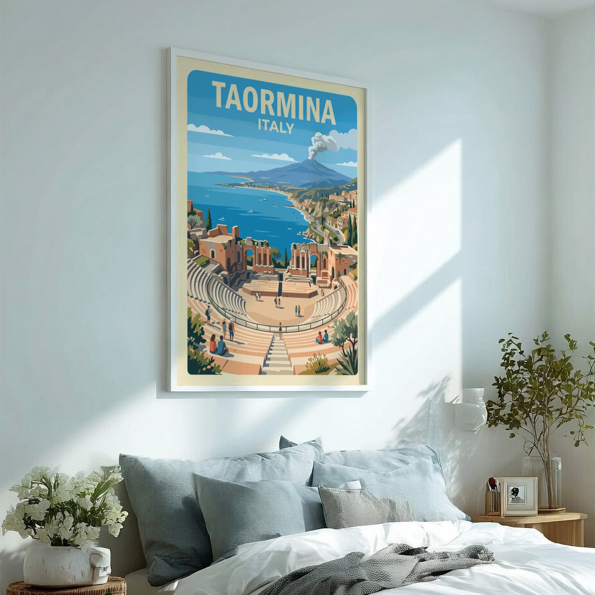 Poster of Taormina Italy showing an ancient theatre overlooking the sea and volcano.