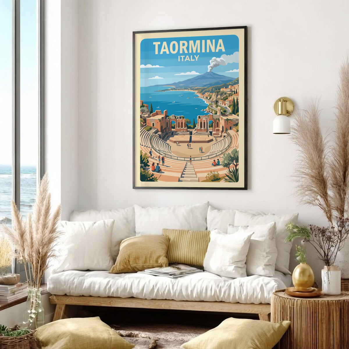 Poster of Taormina Italy showing an ancient theatre overlooking the sea and volcano.