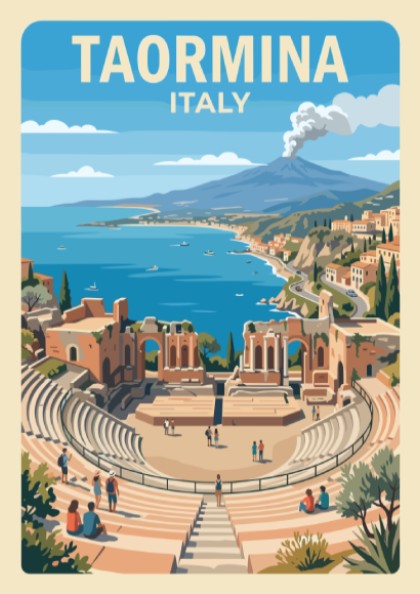 Poster of Taormina Italy showing an ancient theatre overlooking the sea and volcano.