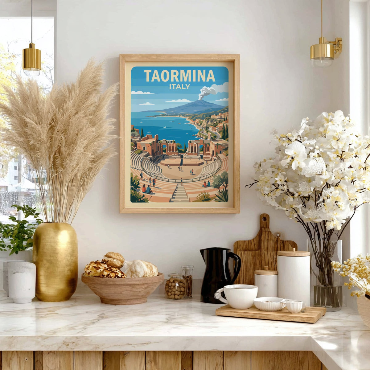 Poster of Taormina Italy showing an ancient theatre overlooking the sea and volcano.
