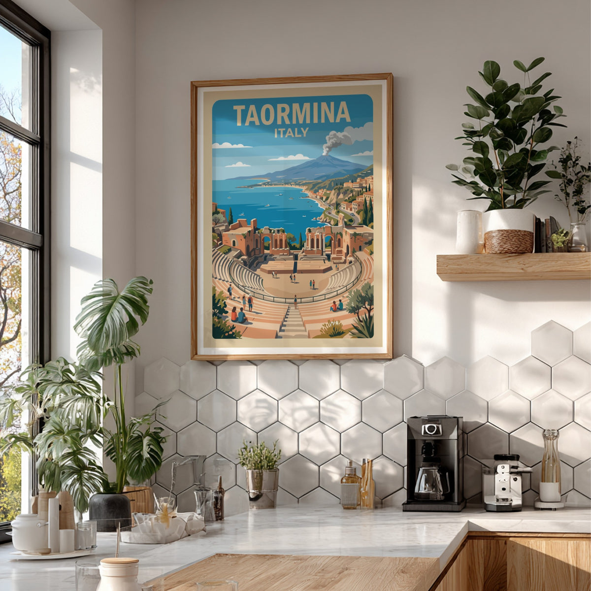 Poster of Taormina Italy showing an ancient theatre overlooking the sea and volcano.