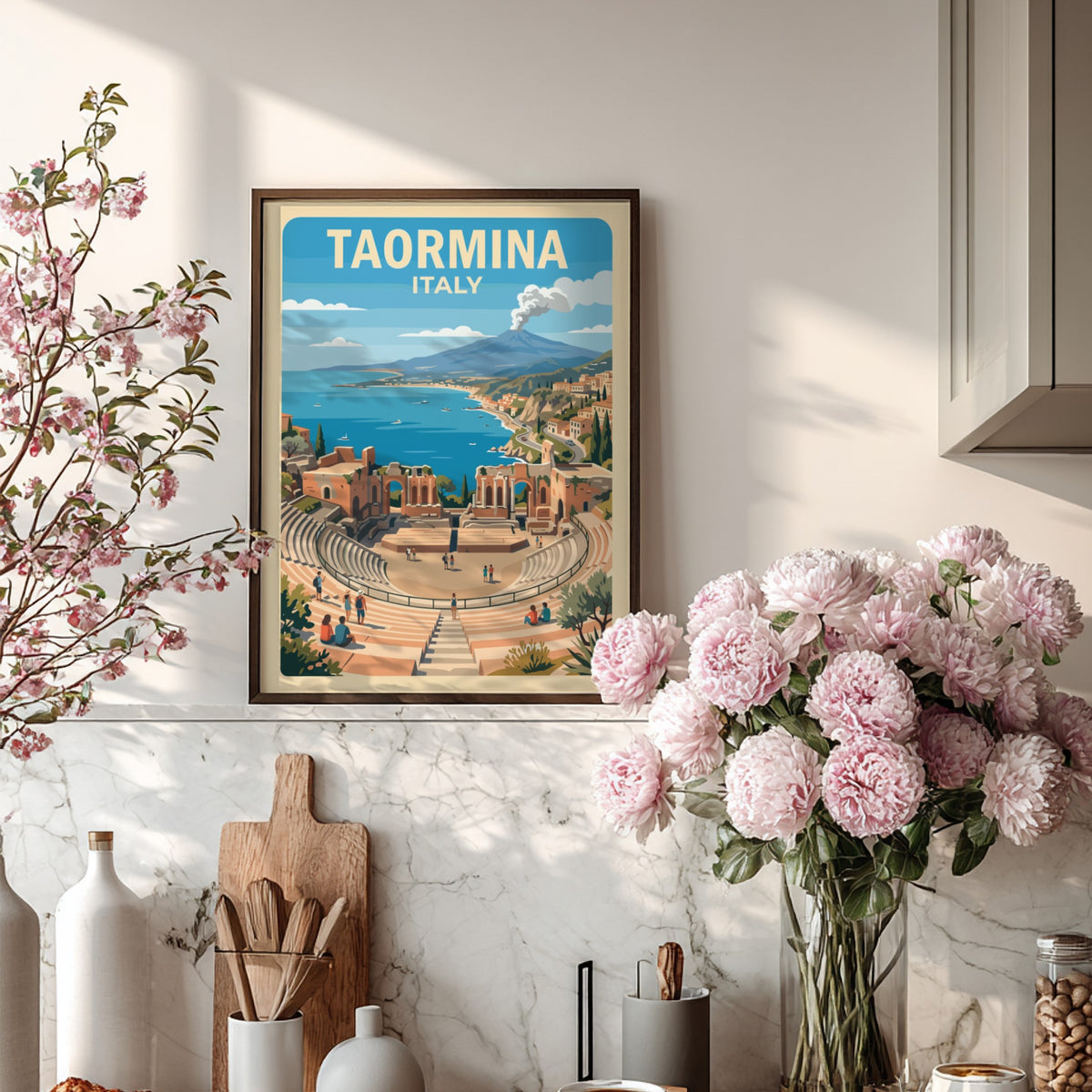 Poster of Taormina Italy showing an ancient theatre overlooking the sea and volcano.