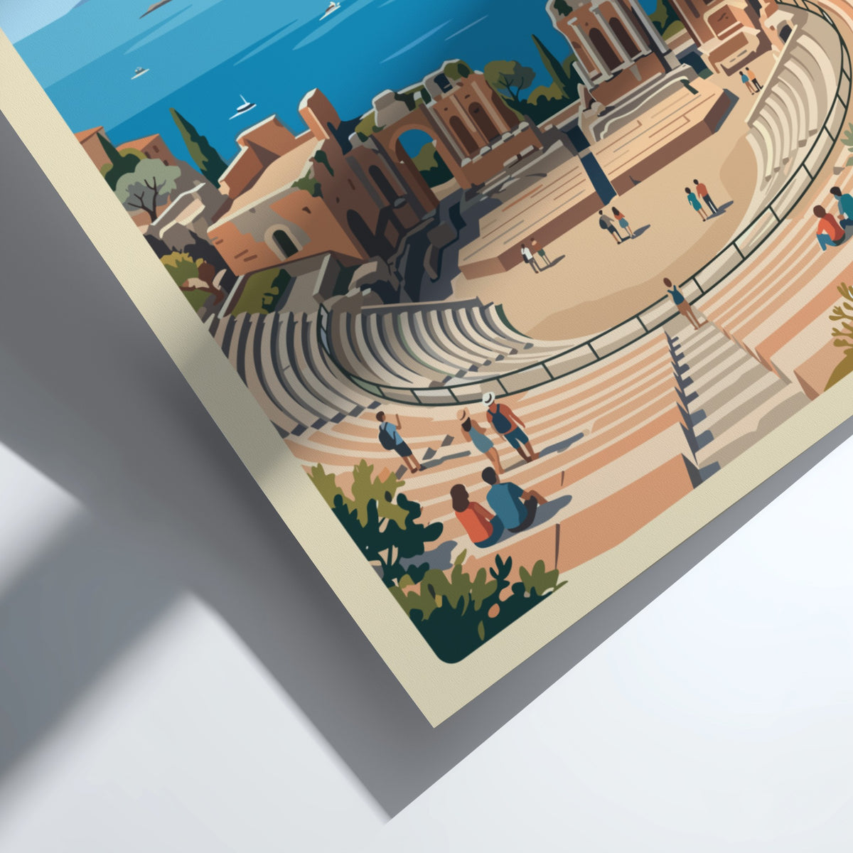 Poster of Taormina Italy showing an ancient theatre overlooking the sea and volcano.