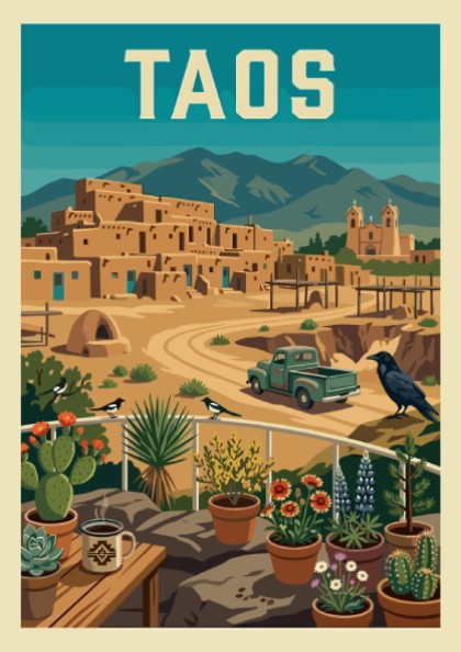 Retro Taos Pueblo poster with adobe buildings, mountains, and a vintage truck in a warm color palette.