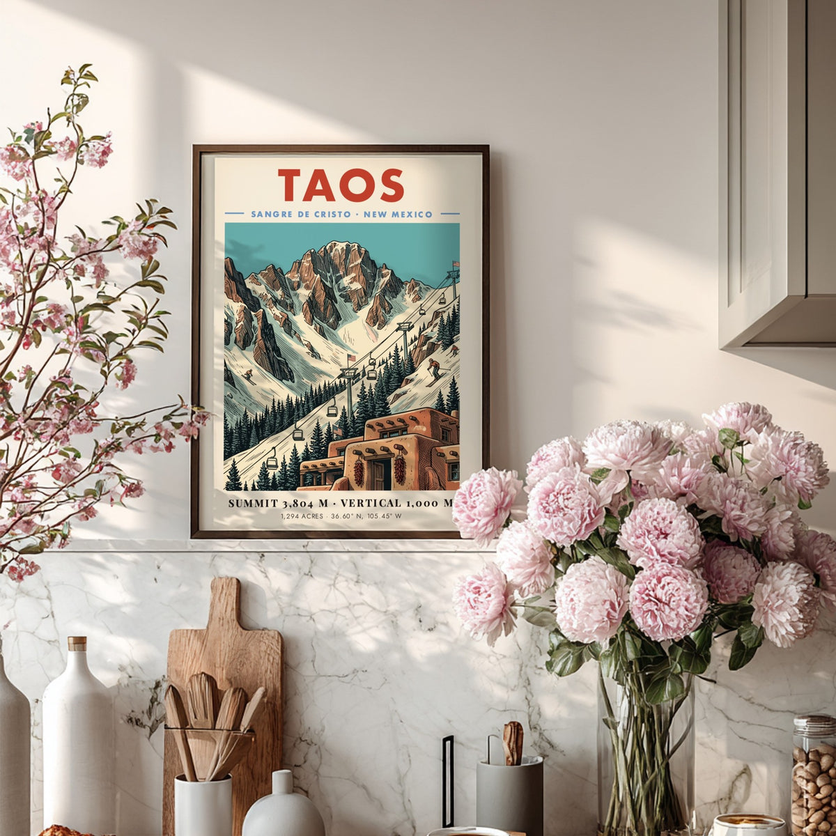 Poster of Taos New Mexico showing snowy mountains, a ski lift, and adobe buildings.