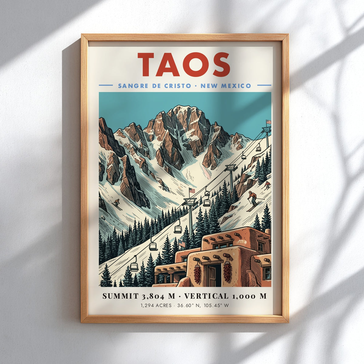 Poster of Taos New Mexico showing snowy mountains, a ski lift, and adobe buildings.