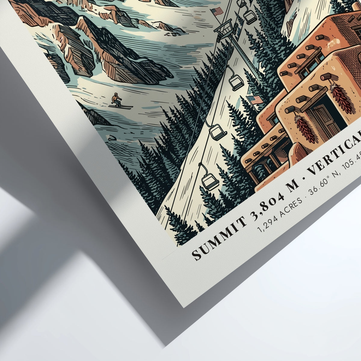 Poster of Taos New Mexico showing snowy mountains, a ski lift, and adobe buildings.
