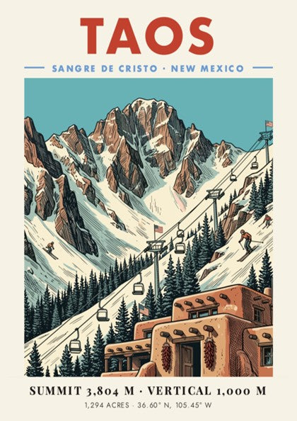 Poster of Taos New Mexico showing snowy mountains, a ski lift, and adobe buildings.