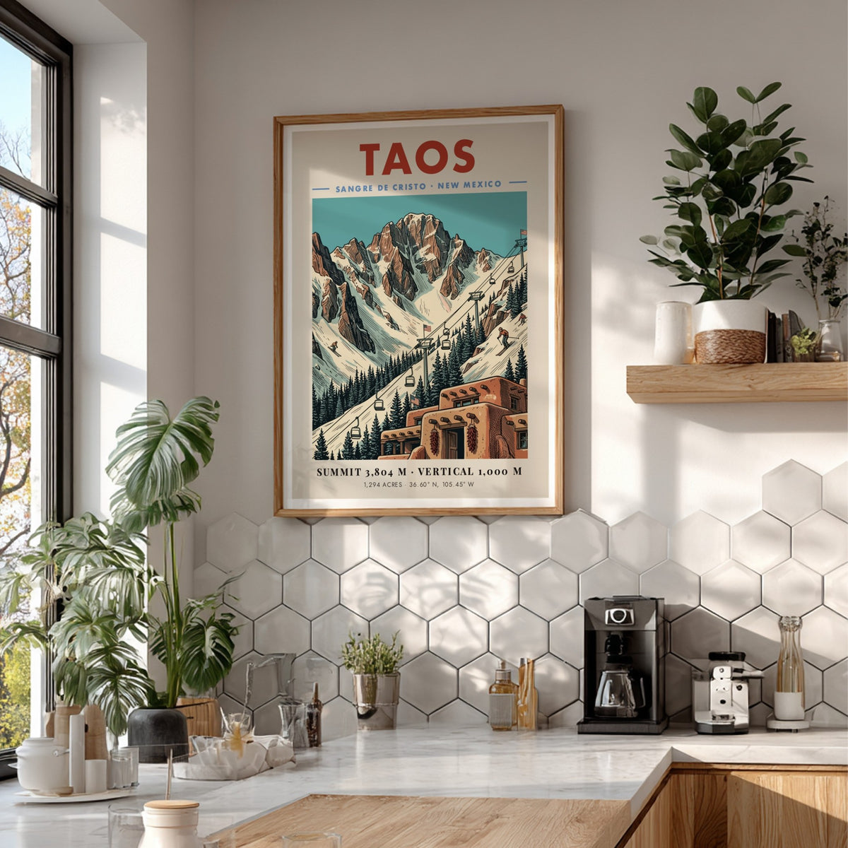 Poster of Taos New Mexico showing snowy mountains, a ski lift, and adobe buildings.