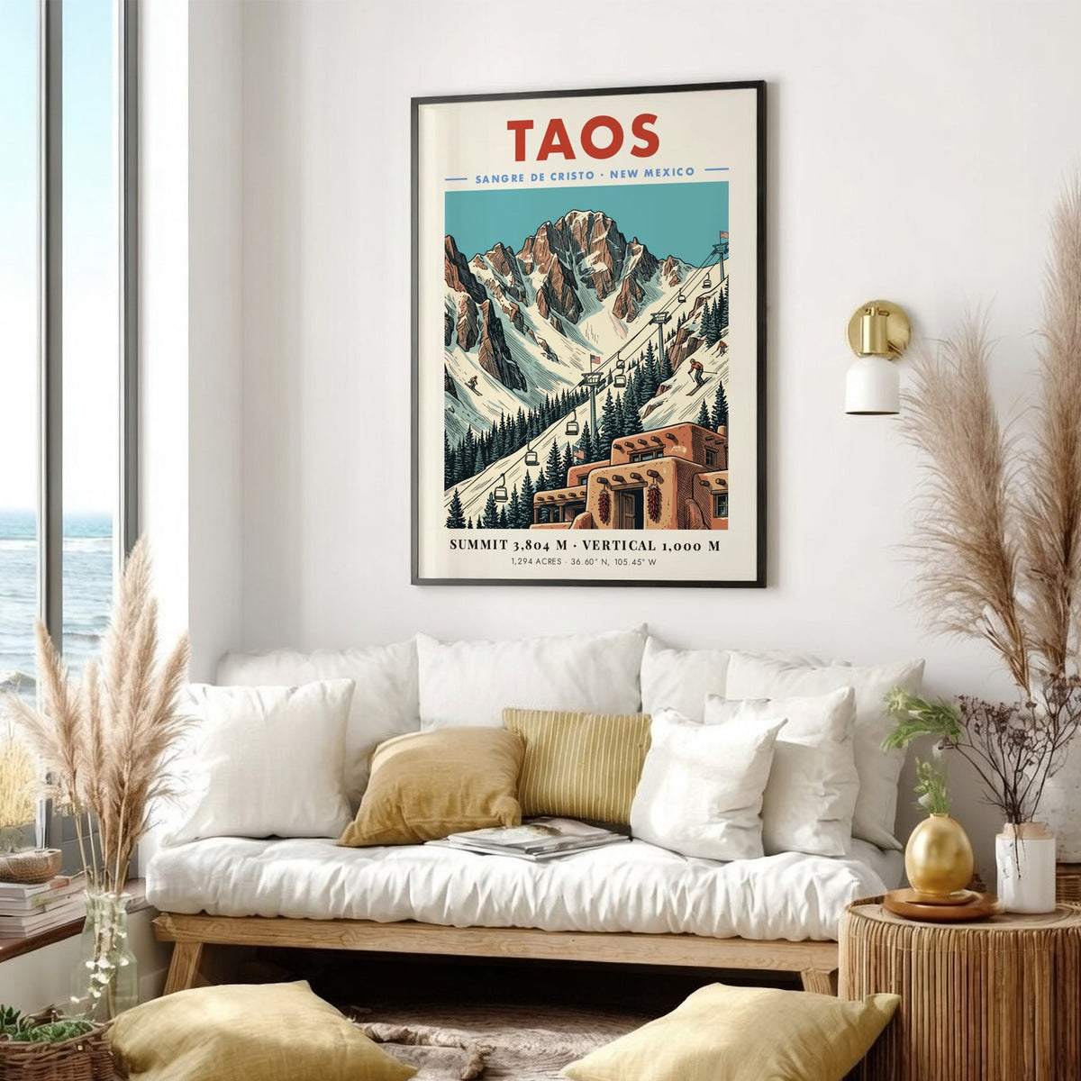 Poster of Taos New Mexico showing snowy mountains, a ski lift, and adobe buildings.