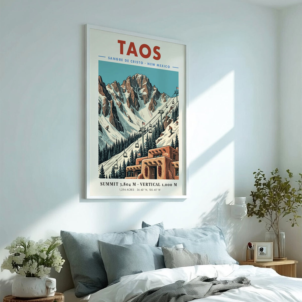 Poster of Taos New Mexico showing snowy mountains, a ski lift, and adobe buildings.