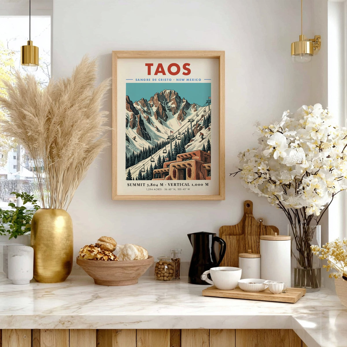 Poster of Taos New Mexico showing snowy mountains, a ski lift, and adobe buildings.