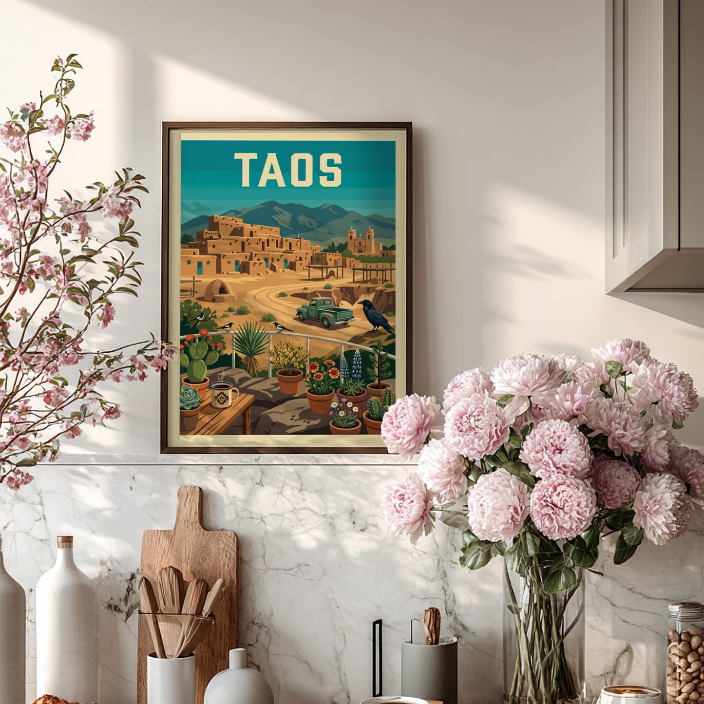 Retro Taos Pueblo poster with adobe buildings, mountains, and a vintage truck in a warm color palette.