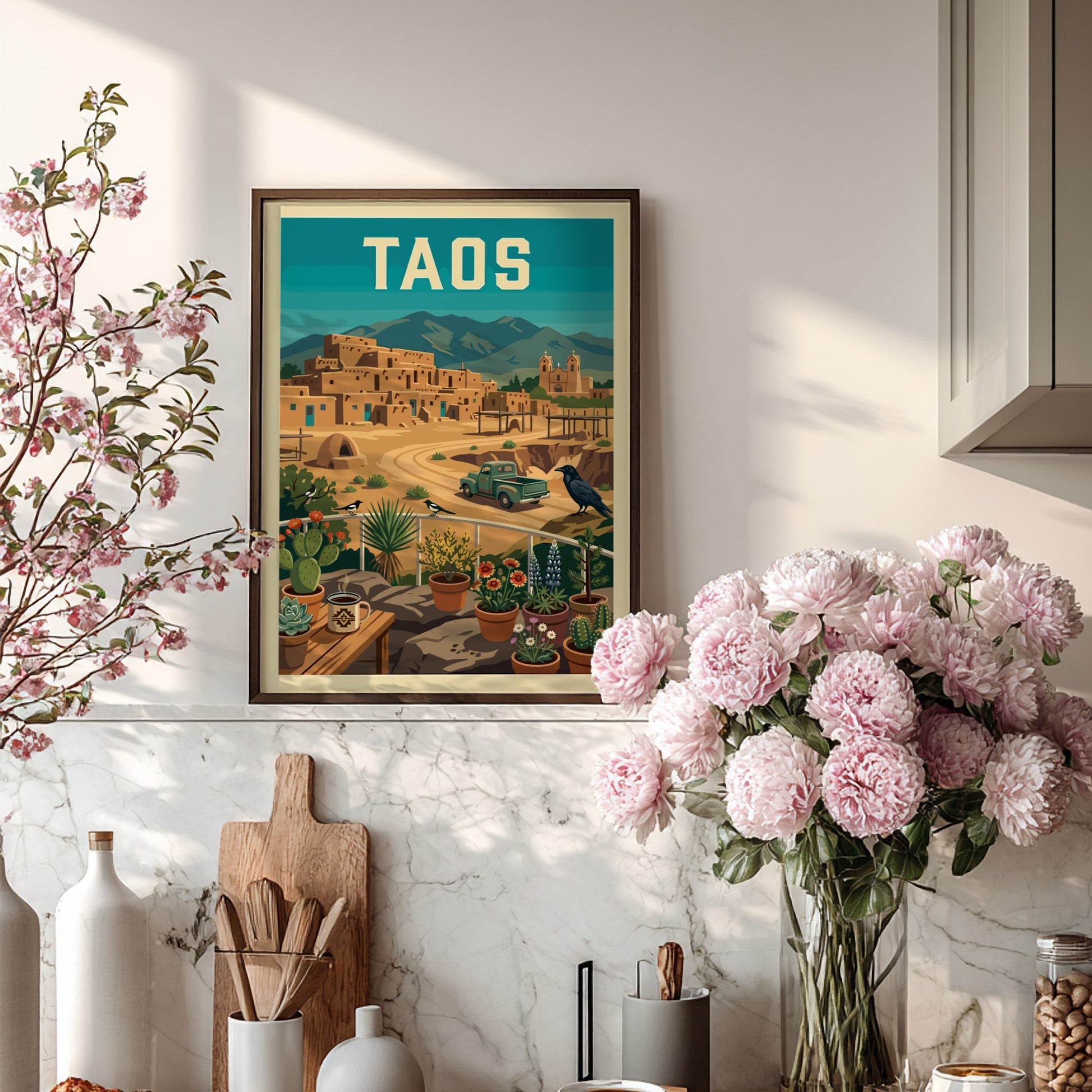 Retro Taos Pueblo poster with adobe buildings, mountains, and a vintage truck in a warm color palette.