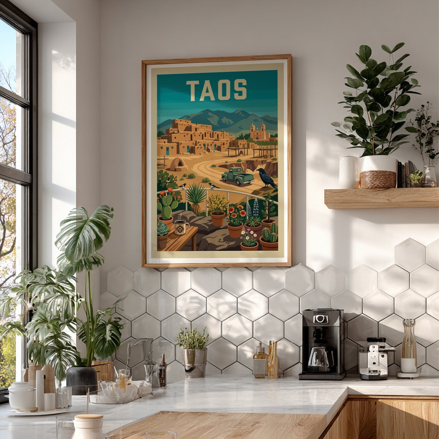 Retro Taos Pueblo poster with adobe buildings, mountains, and a vintage truck in a warm color palette.