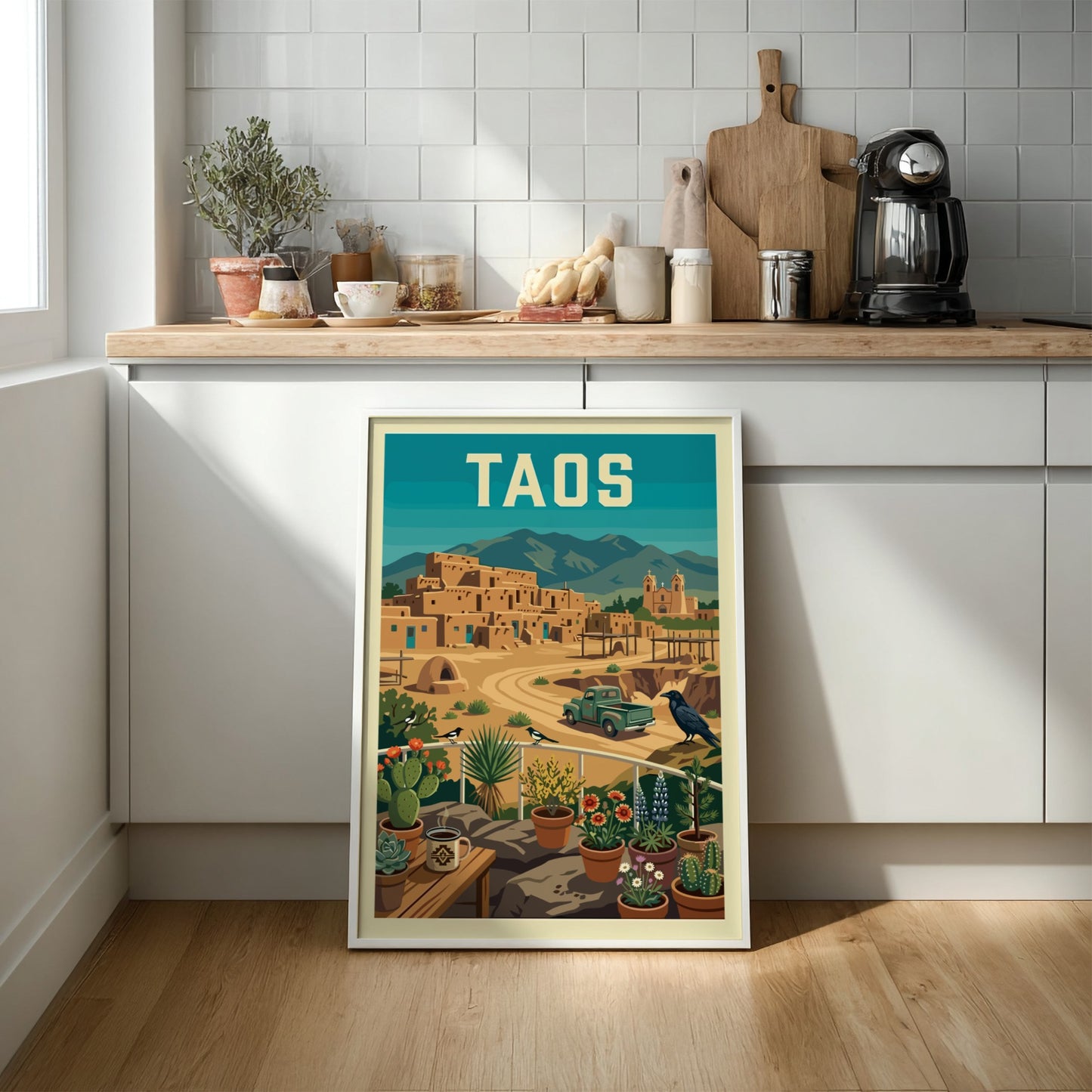 Retro Taos Pueblo poster with adobe buildings, mountains, and a vintage truck in a warm color palette.