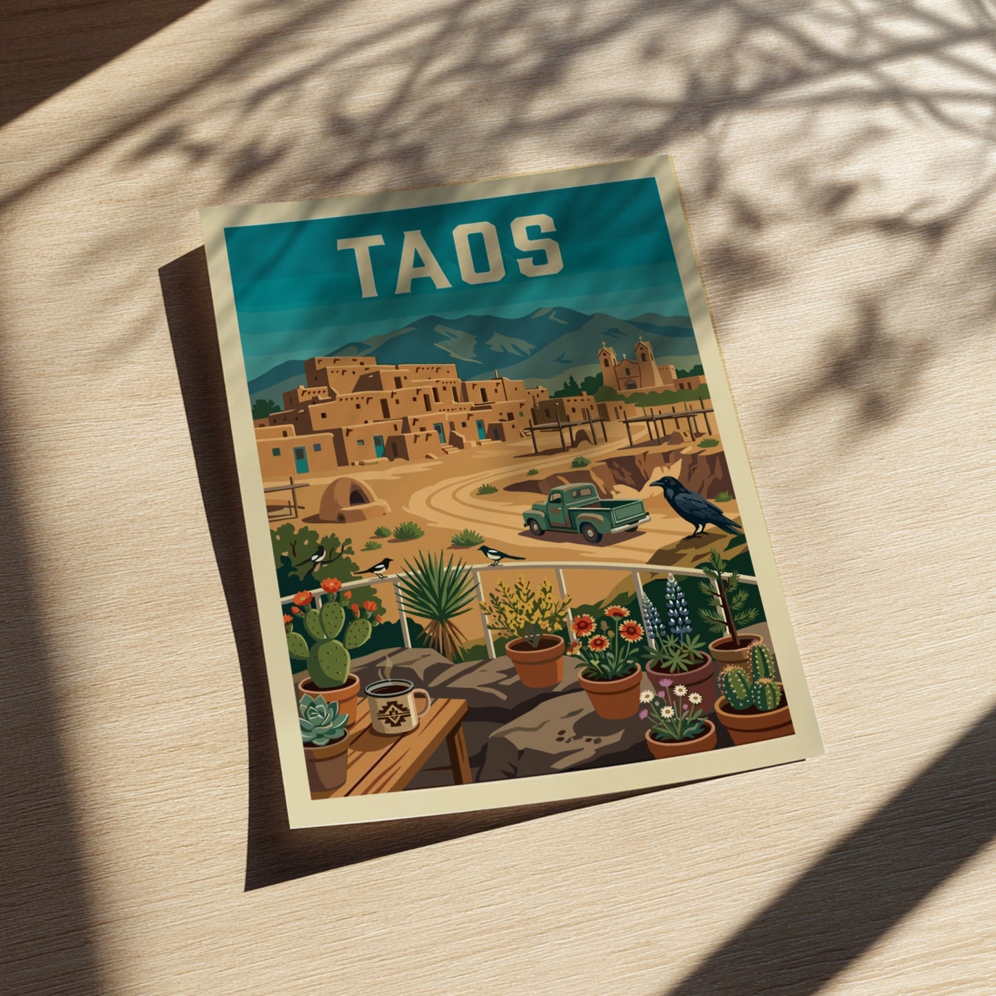Retro Taos Pueblo poster with adobe buildings, mountains, and a vintage truck in a warm color palette.