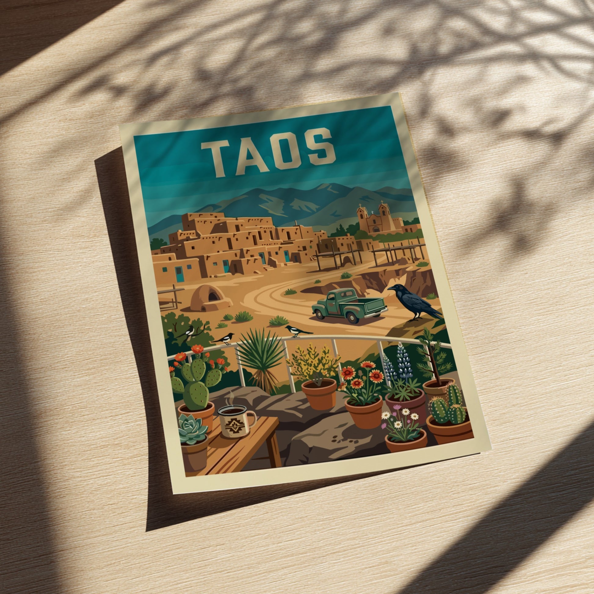 Retro Taos Pueblo poster with adobe buildings, mountains, and a vintage truck in a warm color palette.