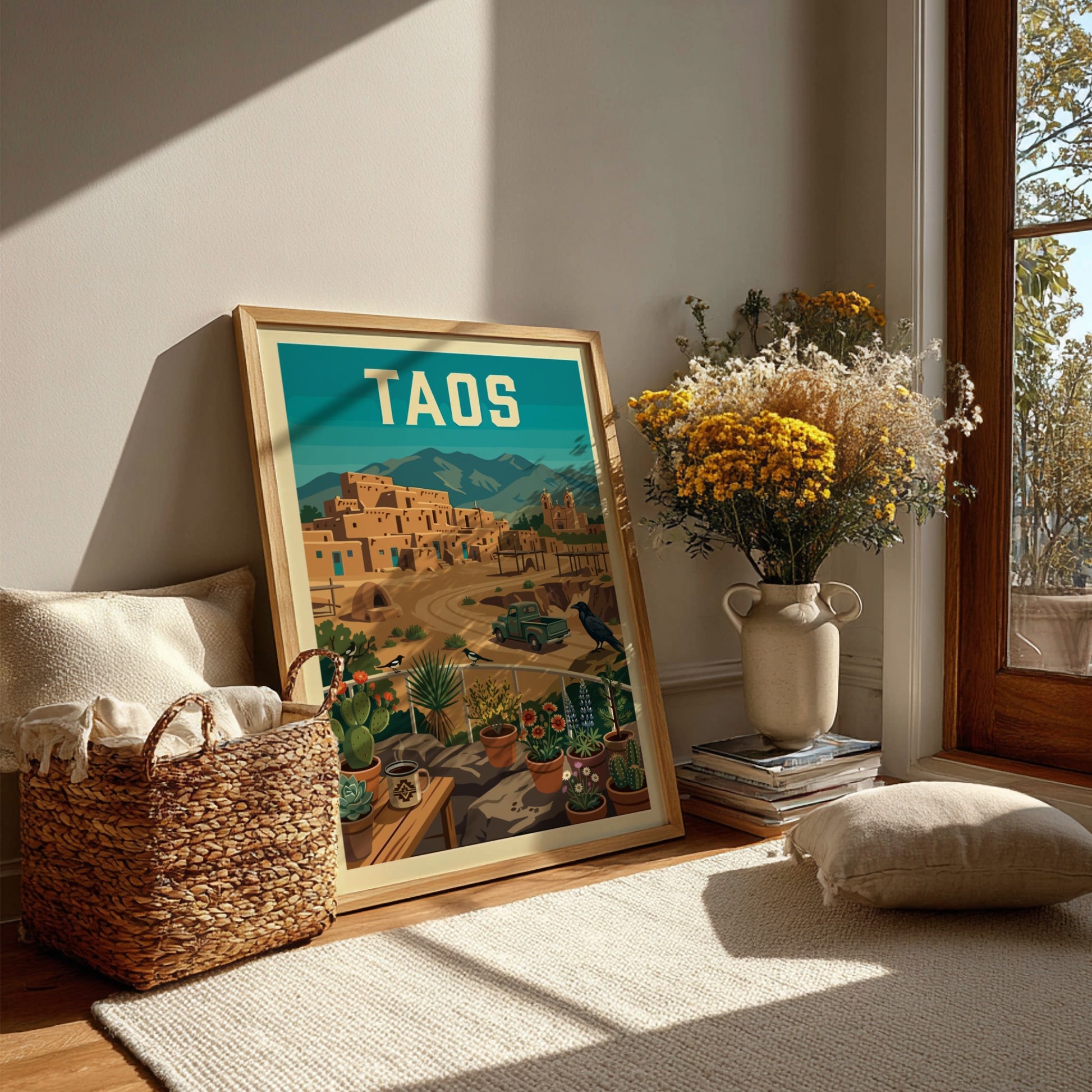 Retro Taos Pueblo poster with adobe buildings, mountains, and a vintage truck in a warm color palette.