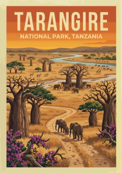 Tarangire National Park poster featuring elephants, baobab trees, and a river in warm colors, perfect for