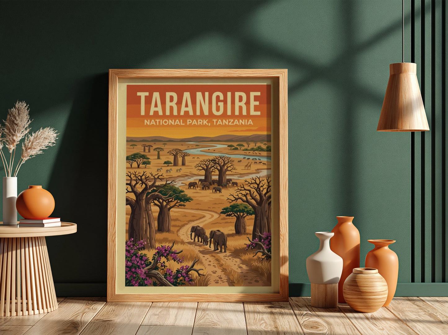 Tarangire National Park poster featuring elephants, baobab trees, and a river in warm colors, perfect for