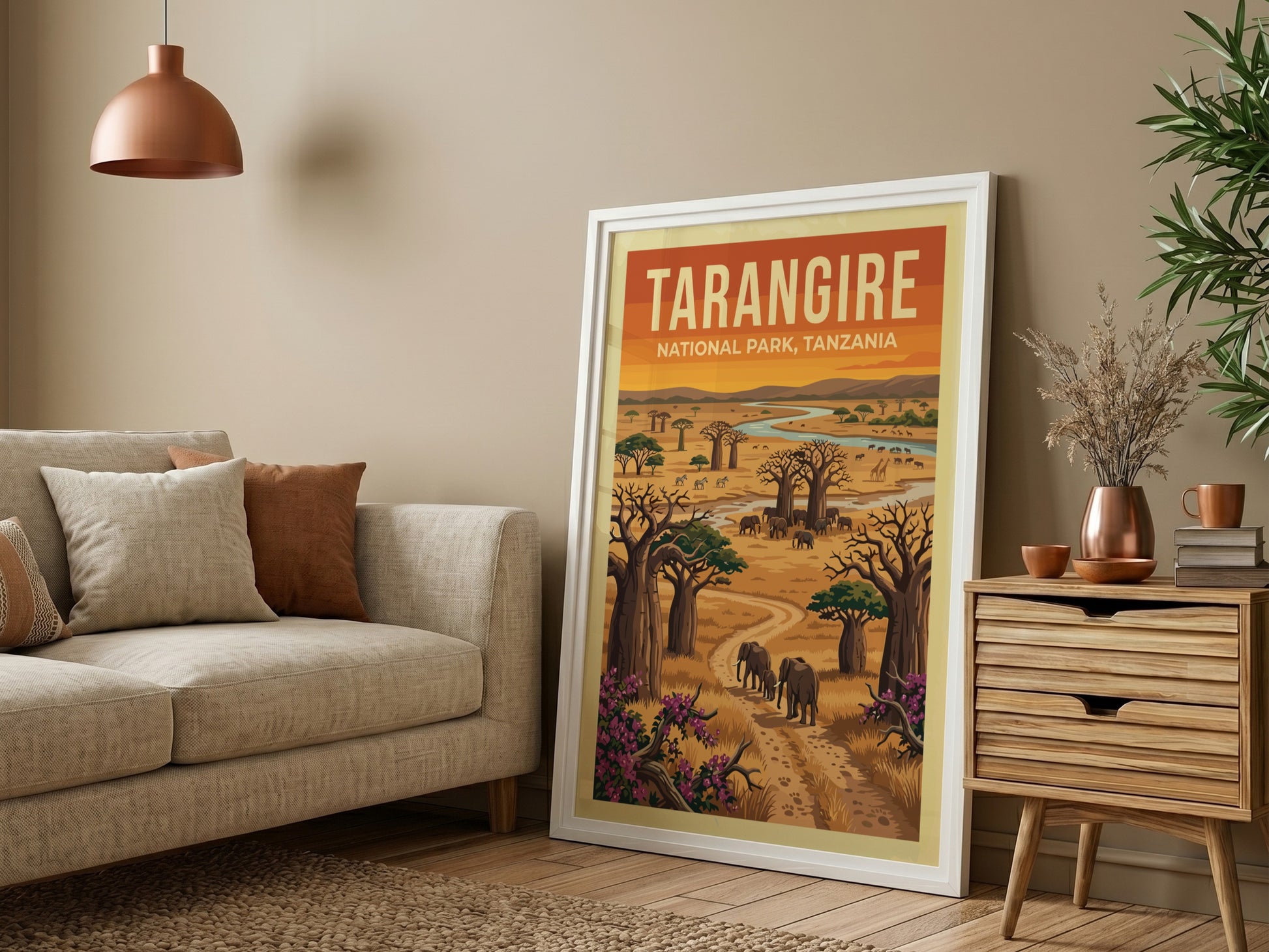 Tarangire National Park poster featuring elephants, baobab trees, and a river in warm colors, perfect for