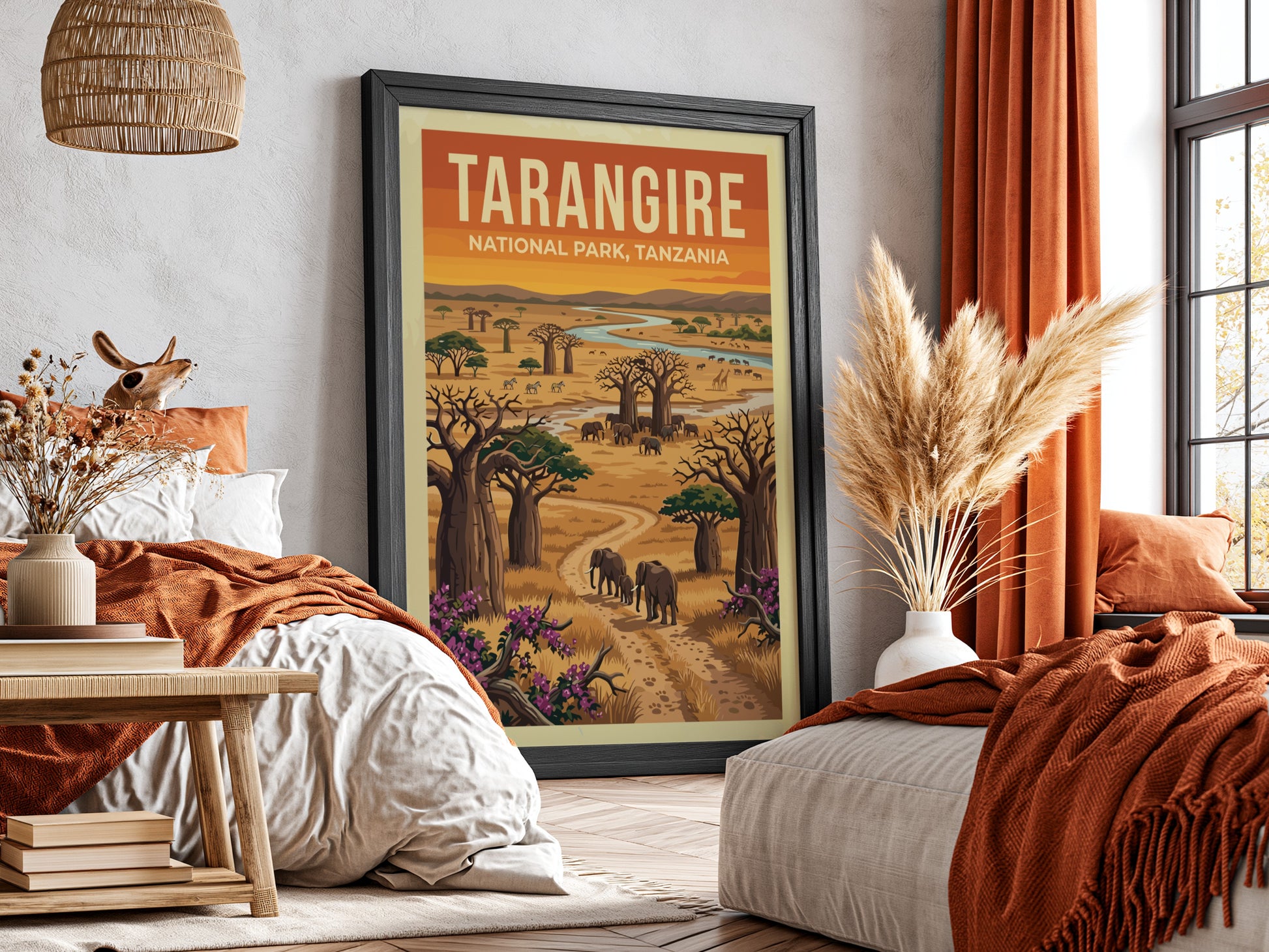 Tarangire National Park poster featuring elephants, baobab trees, and a river in warm colors, perfect for