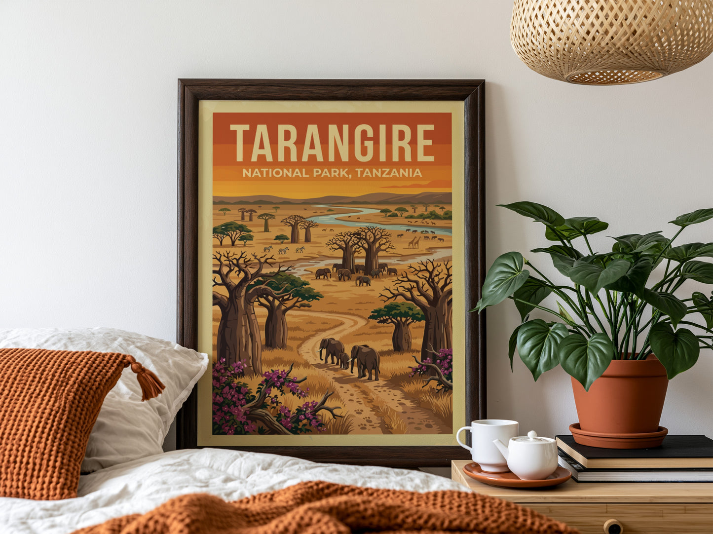 Tarangire National Park poster featuring elephants, baobab trees, and a river in warm colors, perfect for
