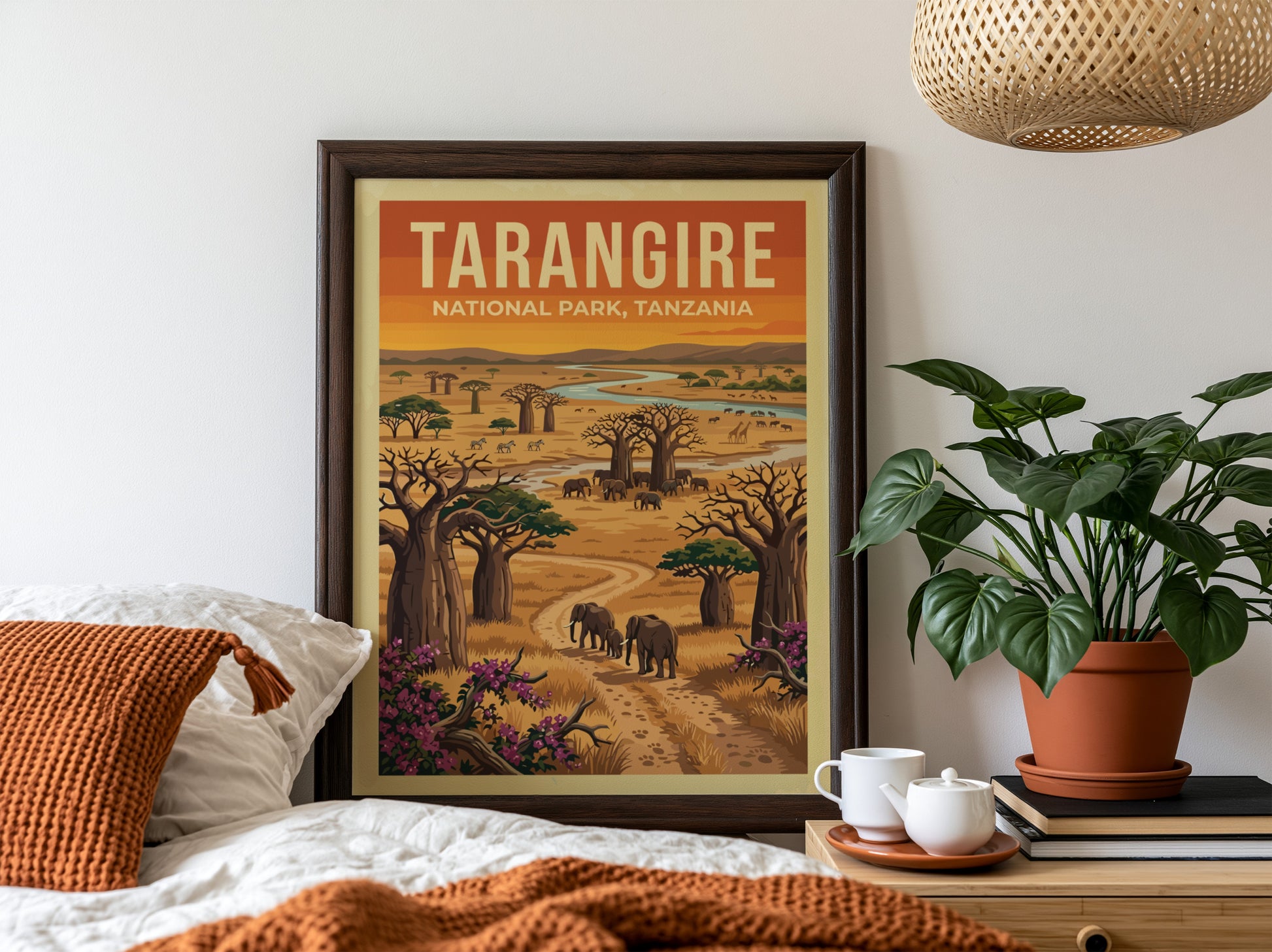 Tarangire National Park poster featuring elephants, baobab trees, and a river in warm colors, perfect for
