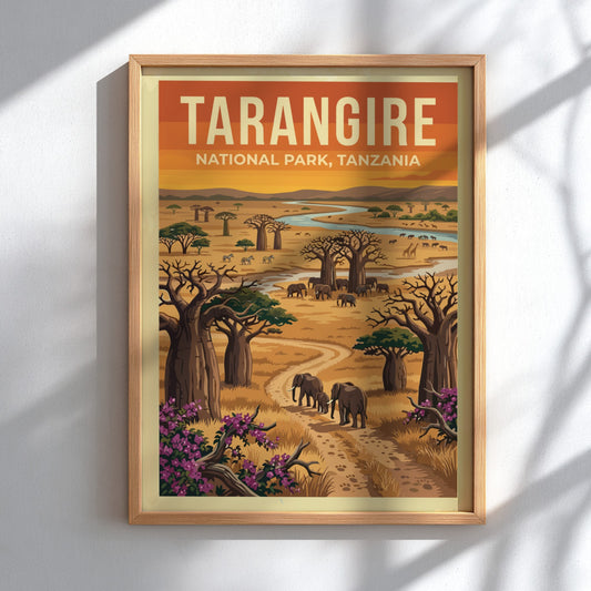 Tarangire National Park poster featuring elephants, baobab trees, and a river in warm colors, perfect for