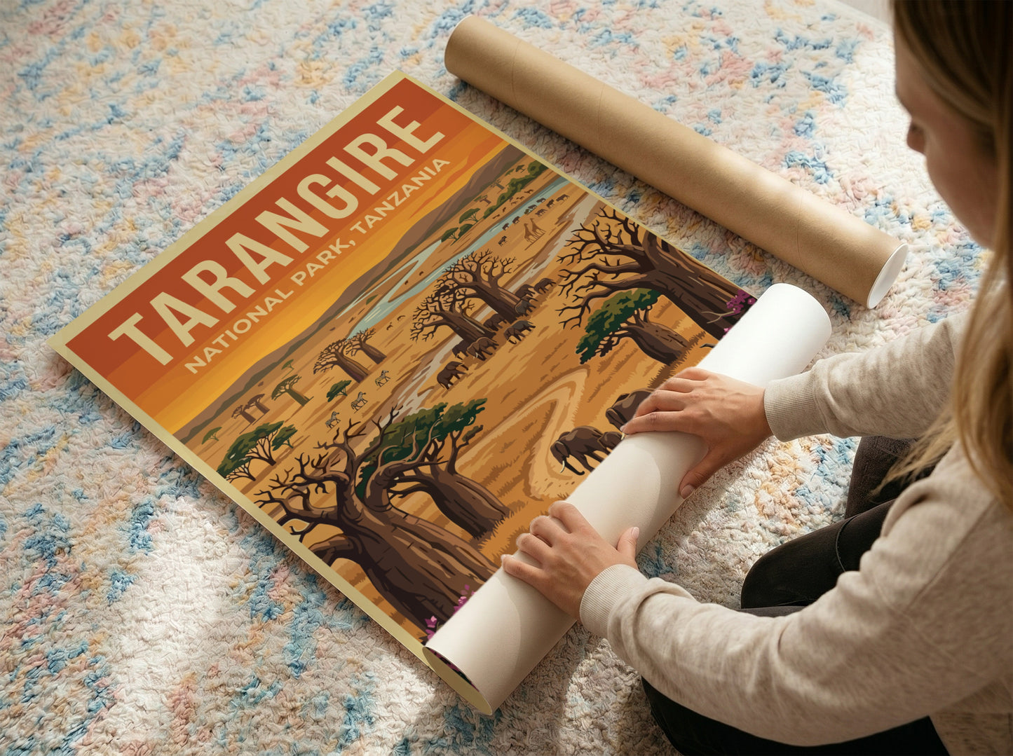 Tarangire National Park poster featuring elephants, baobab trees, and a river in warm colors, perfect for