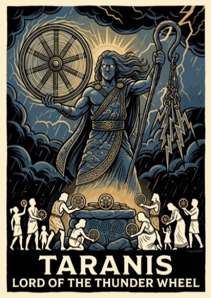 Poster featuring Taranis the Celtic god of thunder in blue with lightning wheels