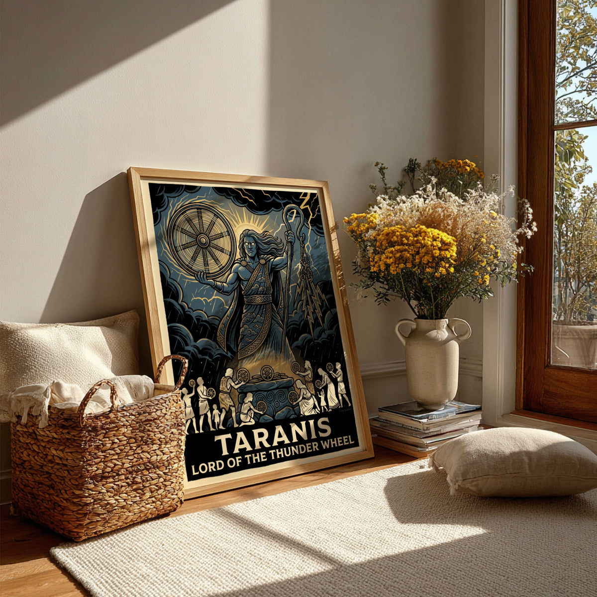 Poster featuring Taranis the Celtic god of thunder in blue with lightning wheels