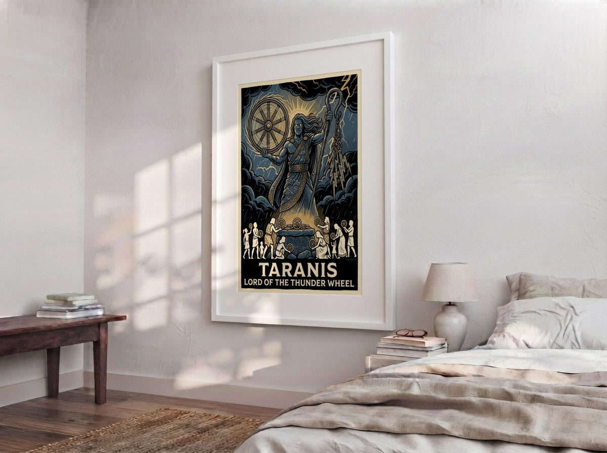 Poster featuring Taranis the Celtic god of thunder in blue with lightning wheels