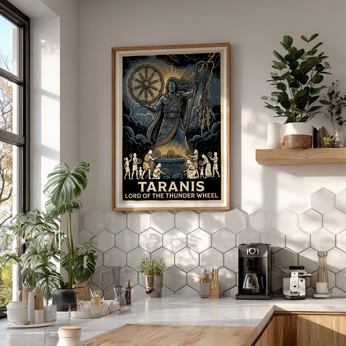 Poster featuring Taranis the Celtic god of thunder in blue with lightning wheels