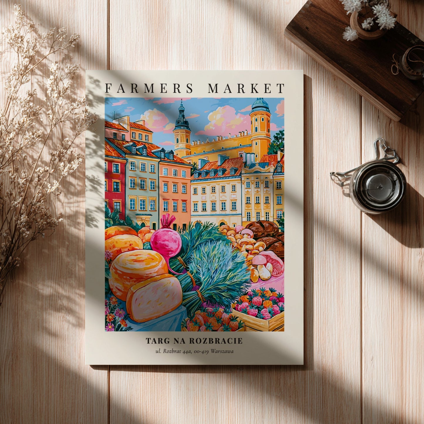 Farmers market poster featuring colorful produce and flowers in Warsaw style