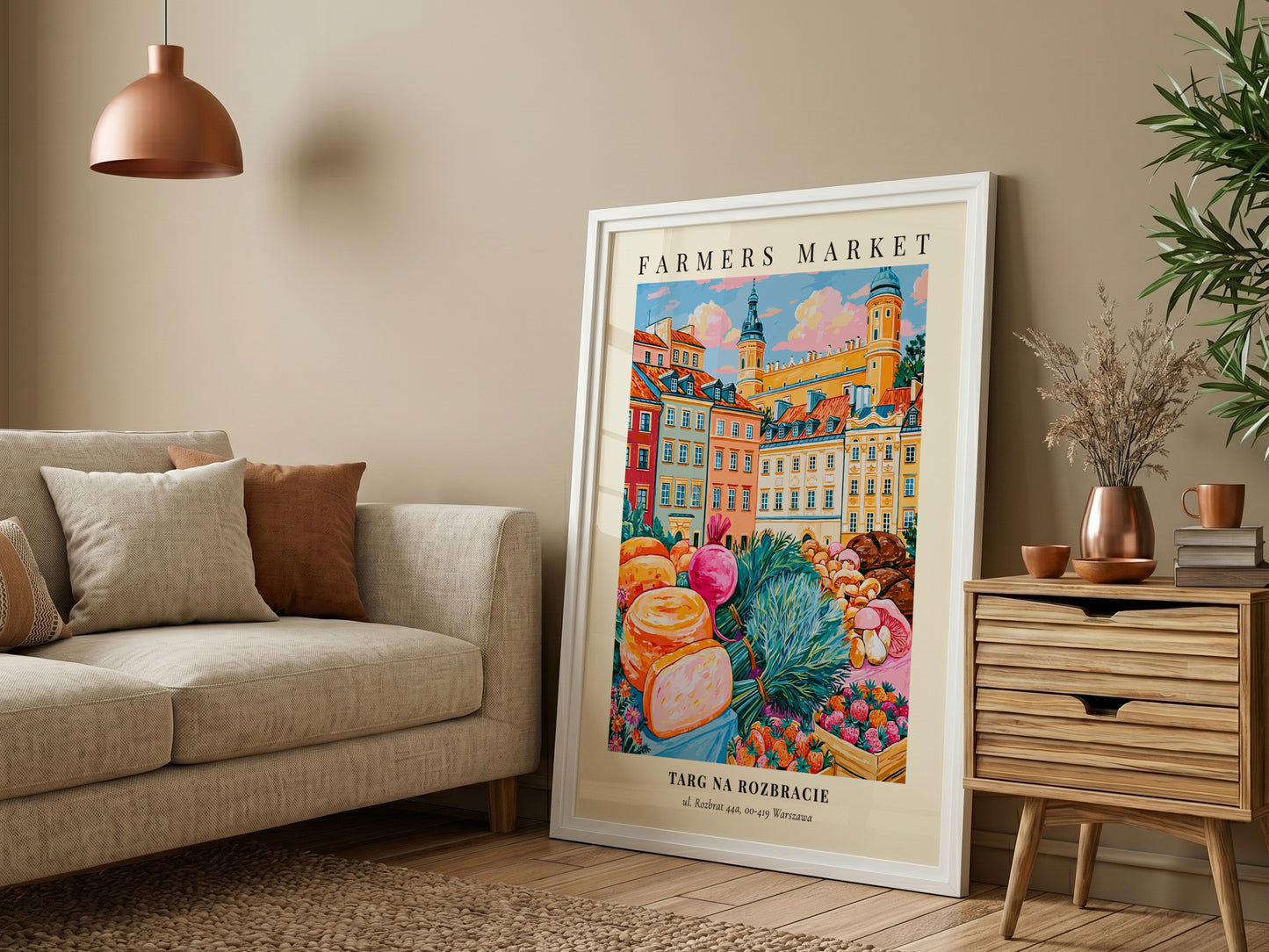 Farmers market poster featuring colorful produce and flowers in Warsaw style