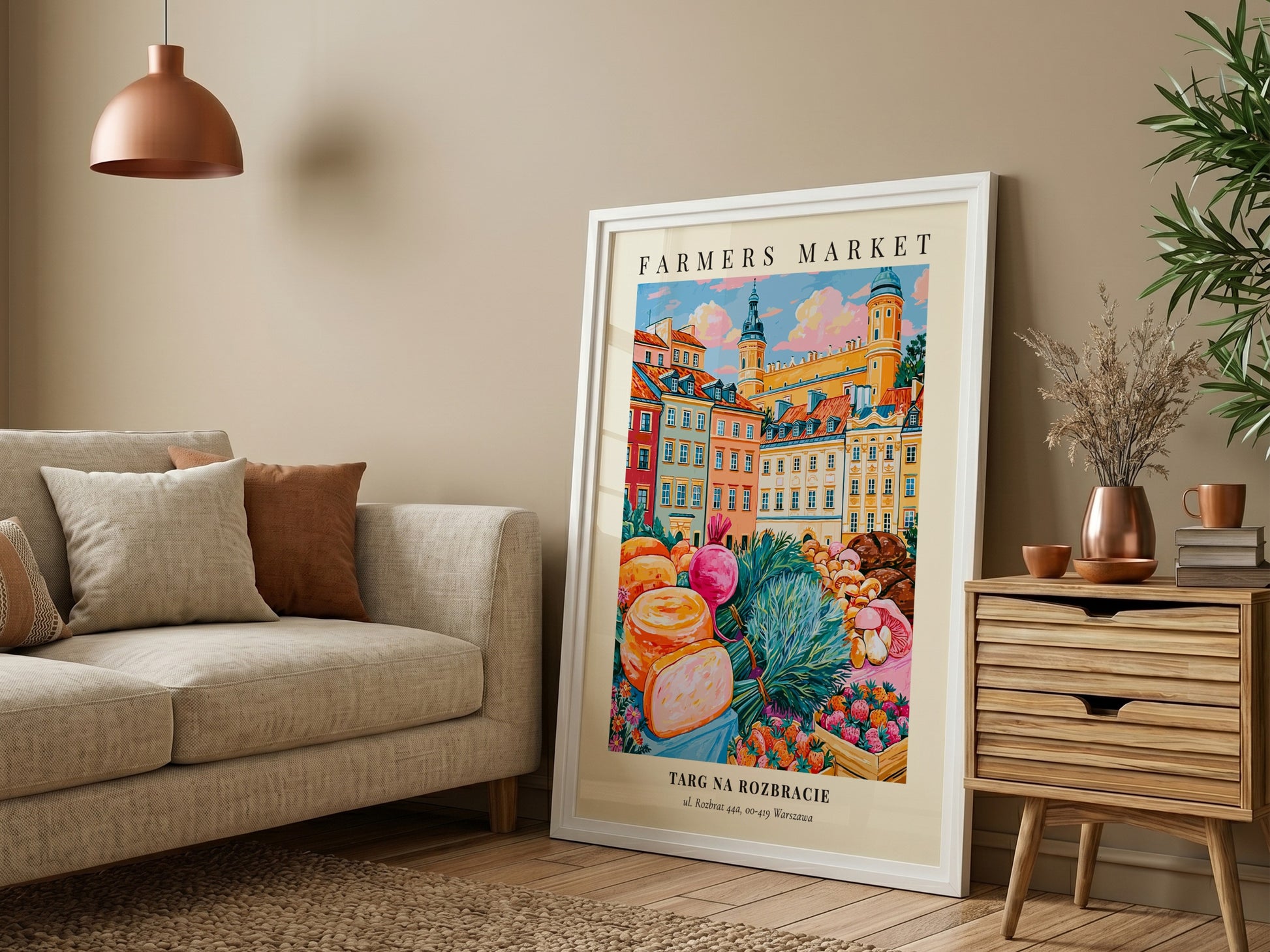 Farmers market poster featuring colorful produce and flowers in Warsaw style