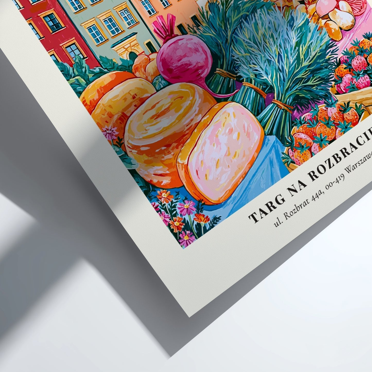 Farmers market poster featuring colorful produce and flowers in Warsaw style