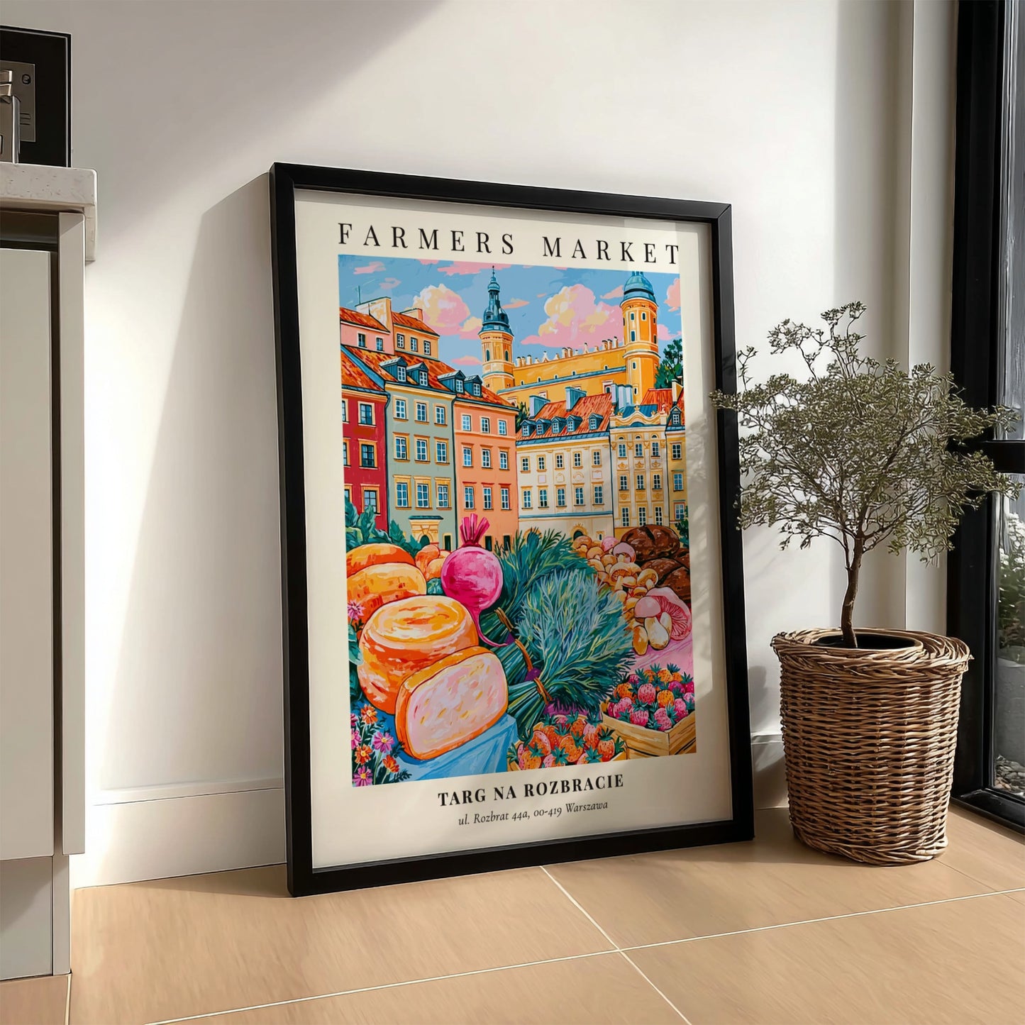 Farmers market poster featuring colorful produce and flowers in Warsaw style