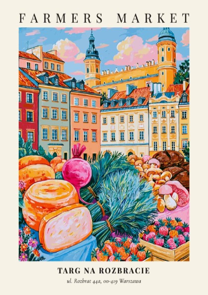 Farmers market poster featuring colorful produce and flowers in Warsaw style